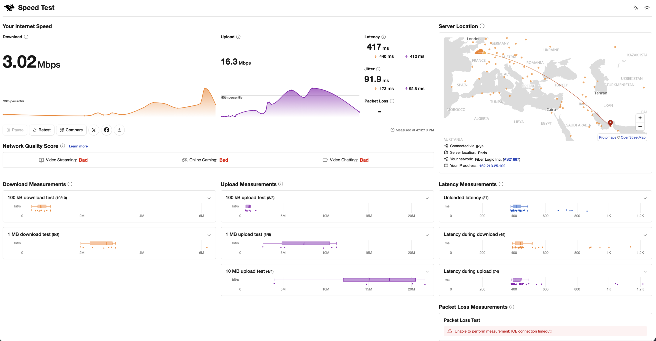 迪拜 Dubai 机房测速截图：下行 3.02 Mbps、上行 16.3 Mbps、延迟 417ms